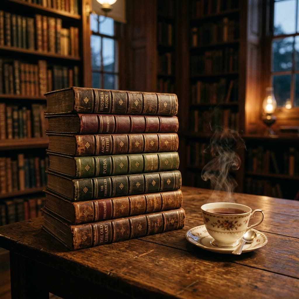 Curated reading list books arranged on a wooden desk